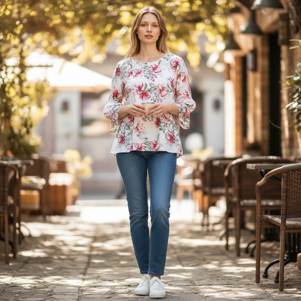 JM Collection Womens XL Floral 3/4 Bell‎ Sleeve top White Pink Ladder Lace Trim